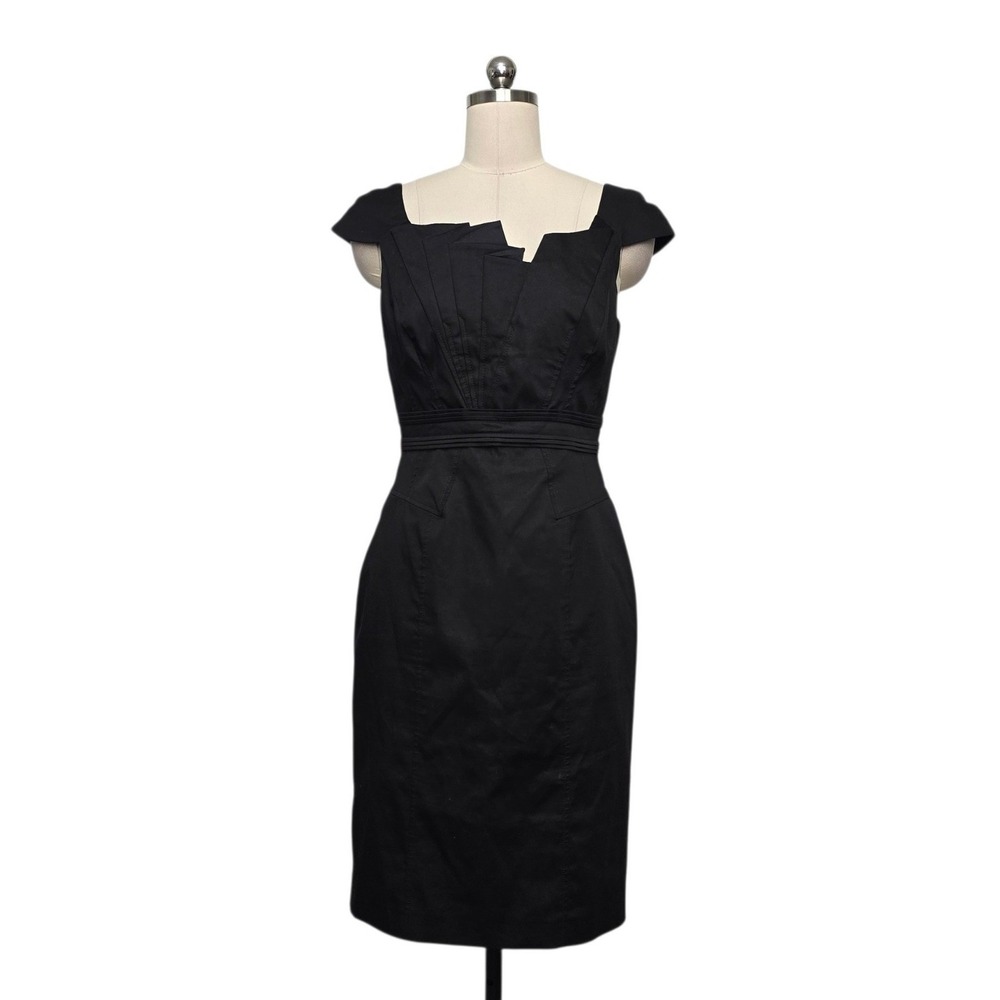 Karen Millen Black Cotton Silk Trim Pleated Sheath Dress Size US 8 UK 12 EU 40